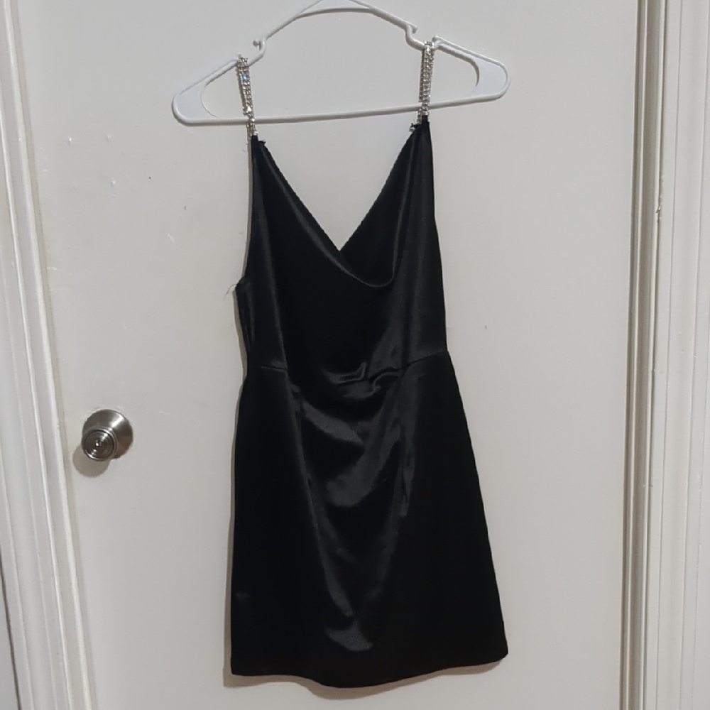 Chic Black Satin Dress with Chain Straps